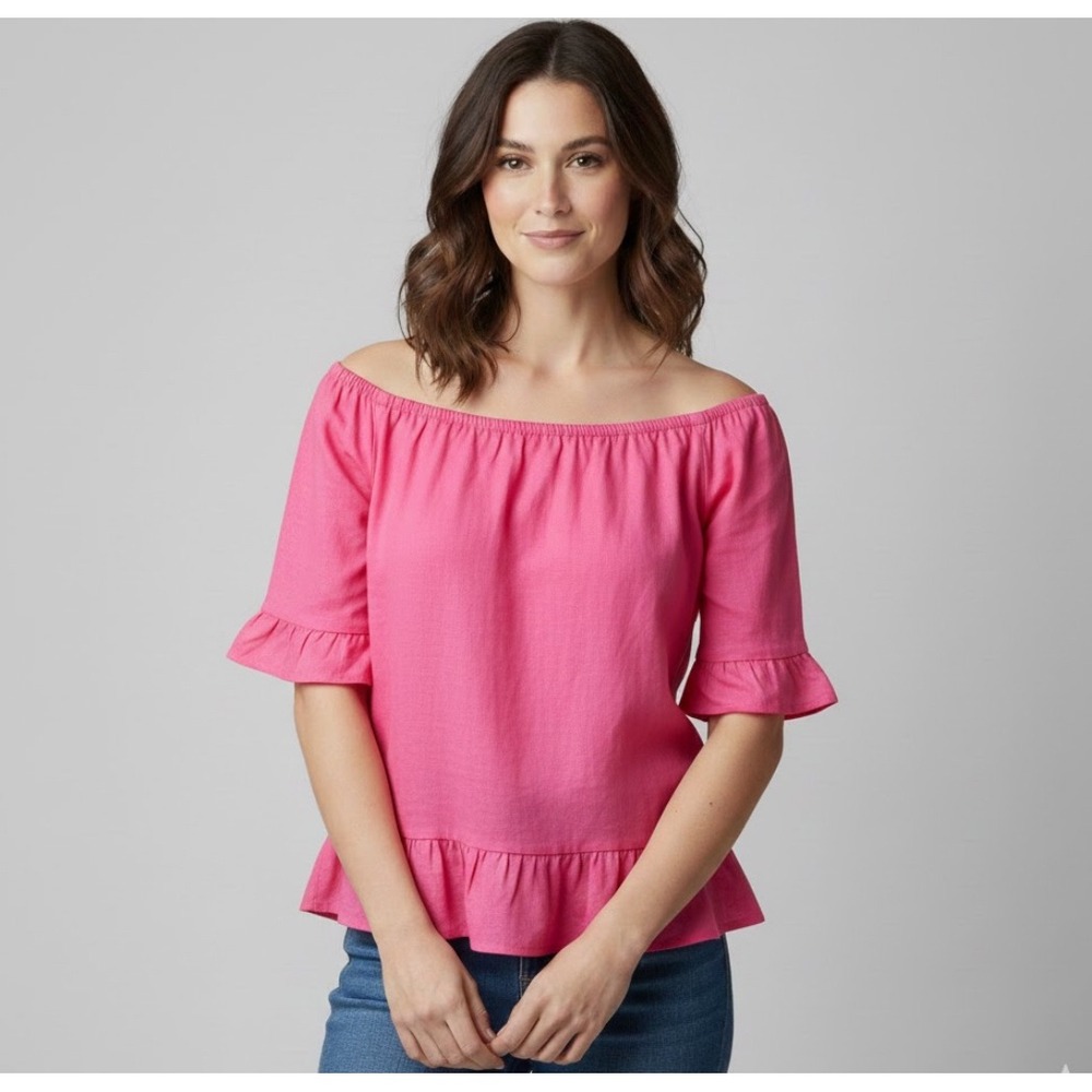 Terzo Millennio Off Shoulder Ruffle Peplum Top Pink Linen Blend Made in Italy Sm
